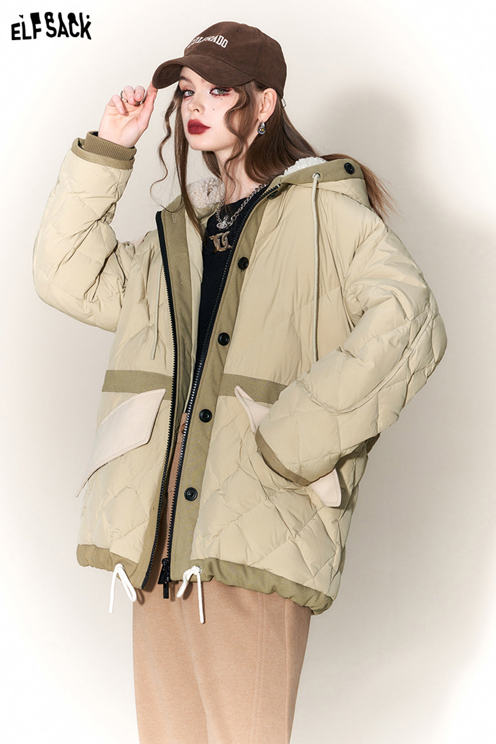 ELFSACK Spliced Thicken Hooded Down Coats Women 2023 Winter New Chinese Fashion Designer Jackets
