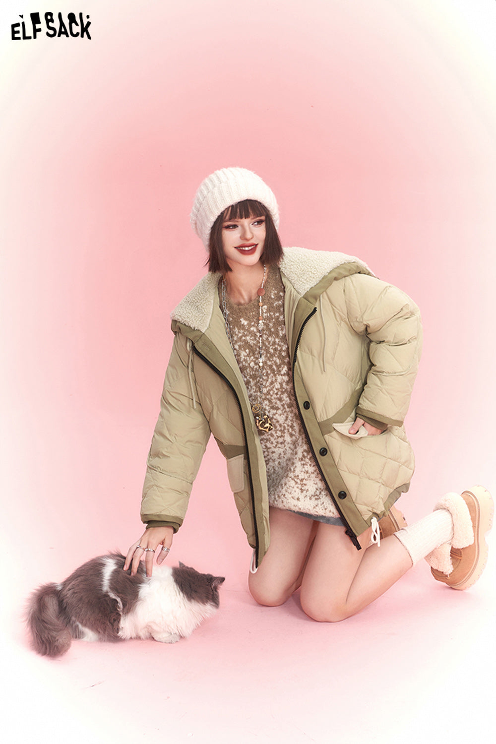 ELFSACK Spliced Thicken Hooded Down Coats Women Chinese Fashion Designer Jackets