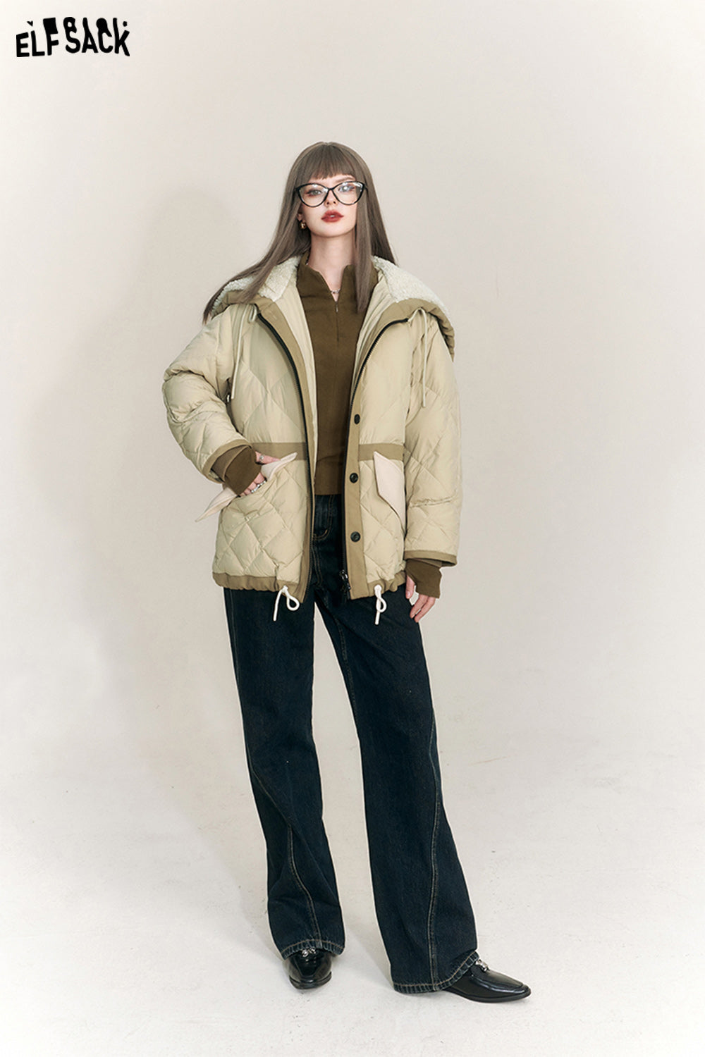 ELFSACK Spliced Thicken Hooded Down Coats Women Chinese Fashion Designer Jackets