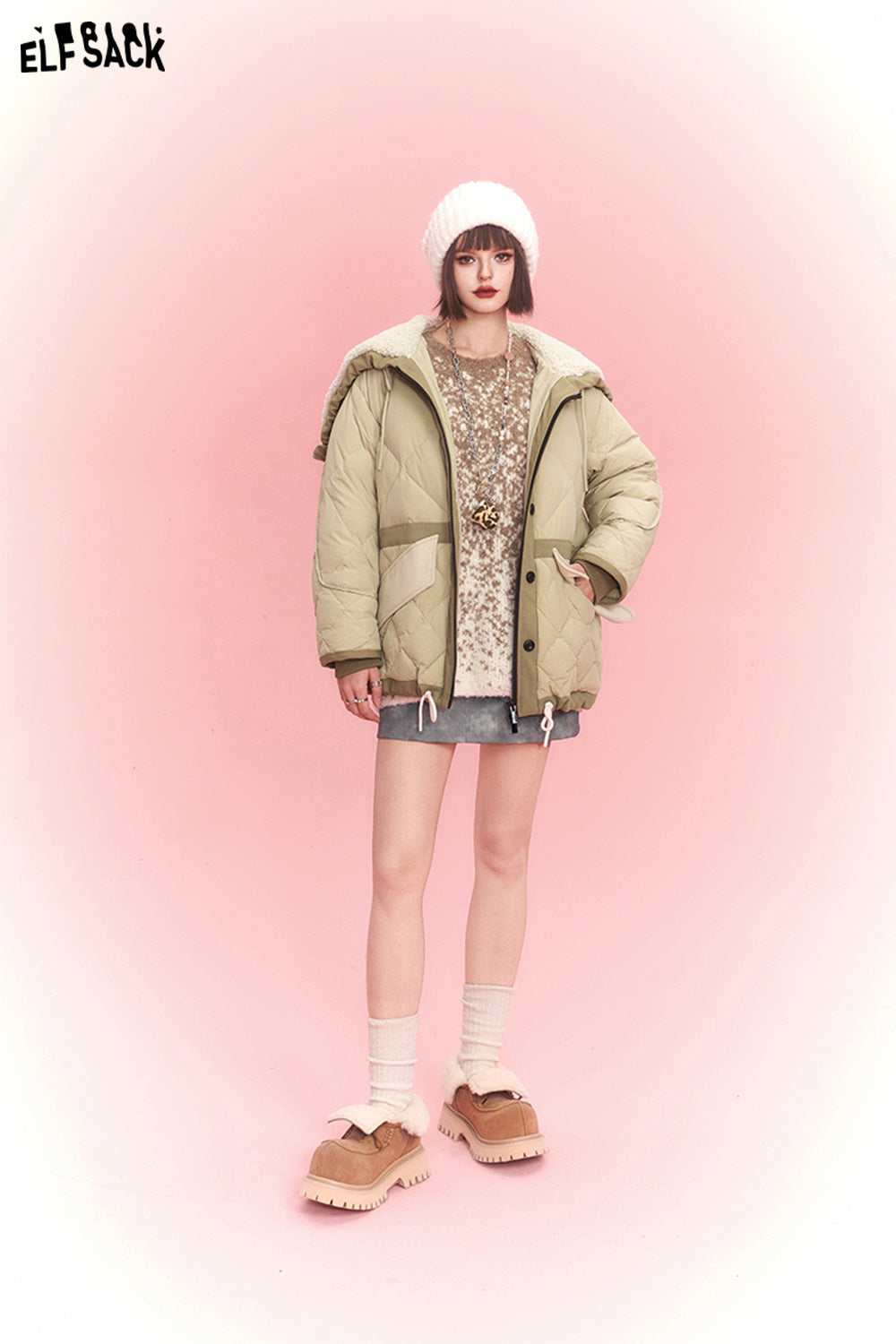 ELFSACK Spliced Thicken Hooded Down Coats Women Chinese Fashion Designer Jackets