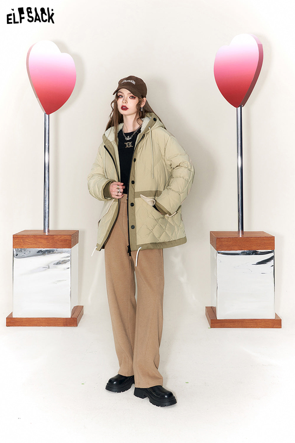 ELFSACK Spliced Thicken Hooded Down Coats Women Chinese Fashion Designer Jackets