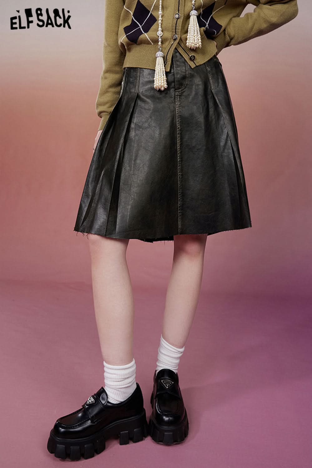 ELFSACK Gyary Y2K 2000s PU Skirt Women Korean Fashion Designer Bottom