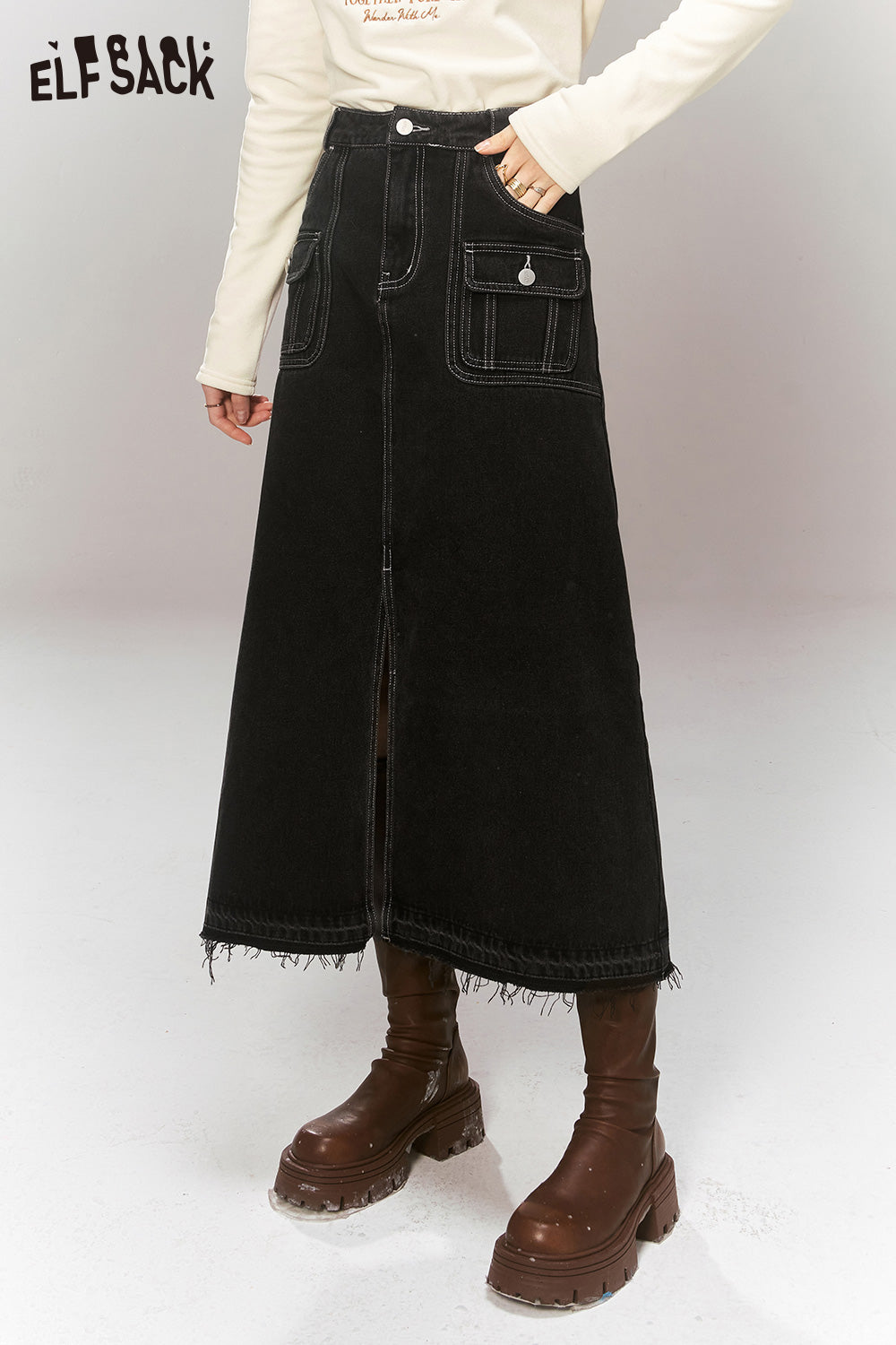 ELFSACK High Waist Denim Skirt Women Korean Fashion Bottom