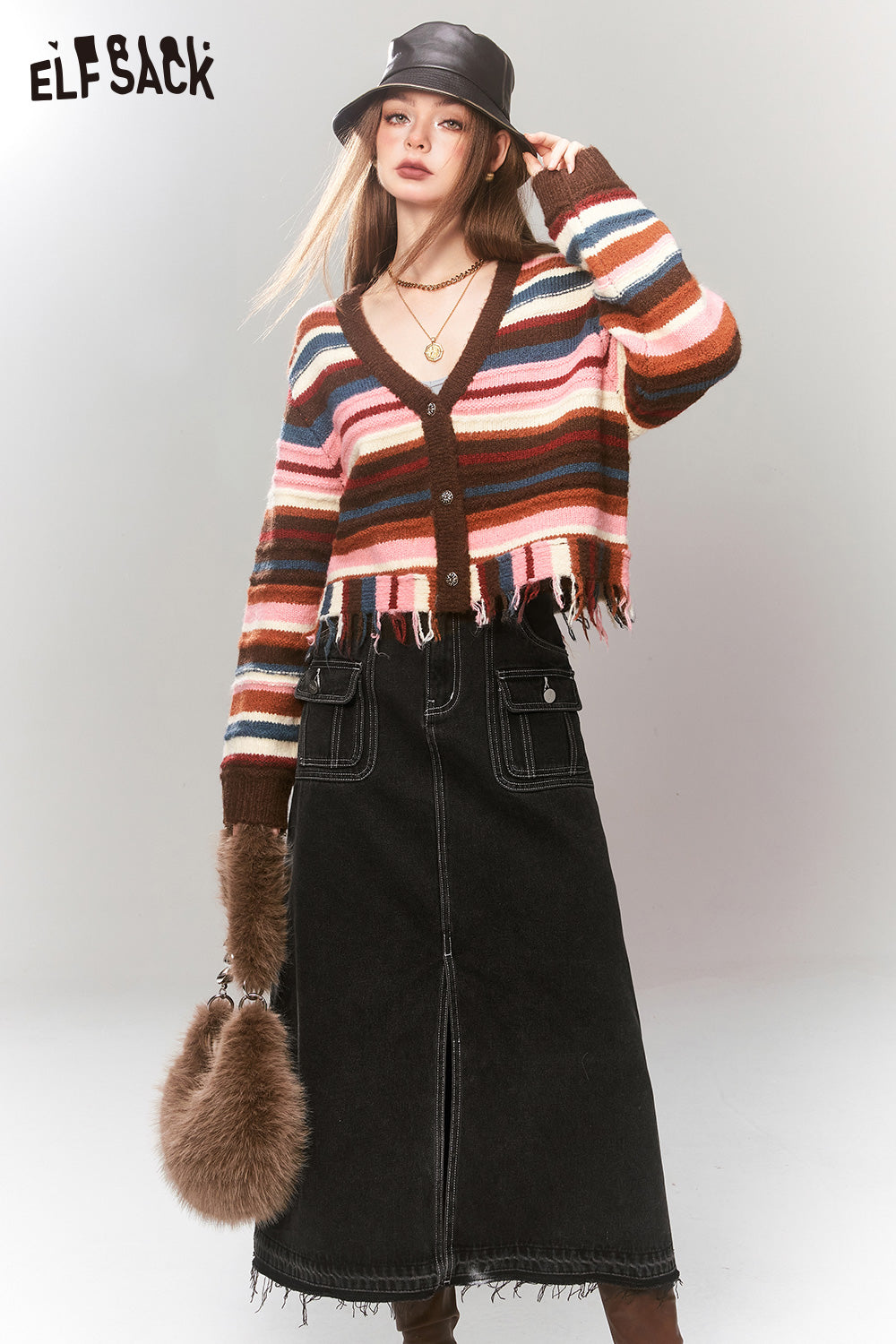 ELFSACK High Waist Denim Skirt Women Korean Fashion Bottom