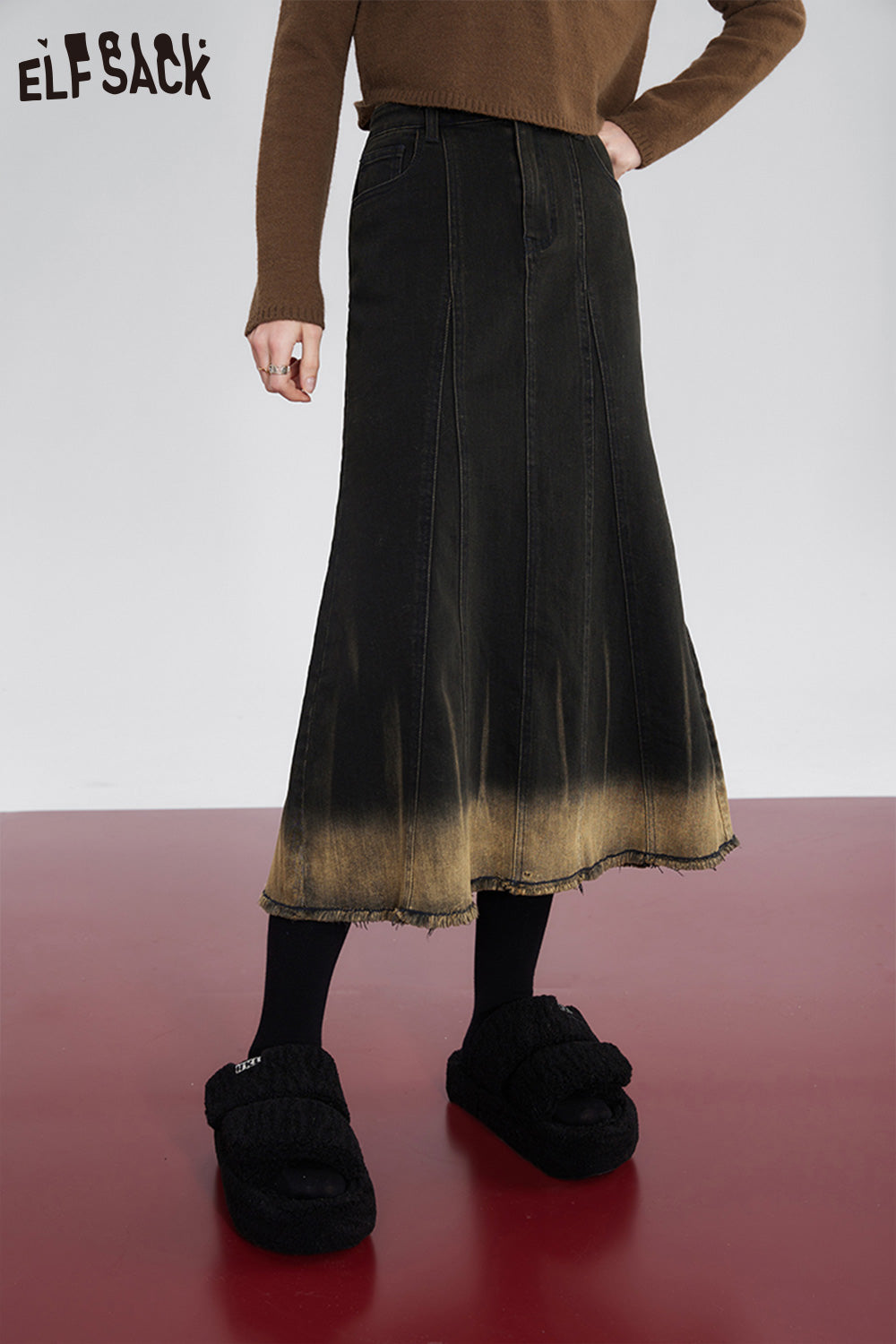 ELFSACK Gyary Y2K 2000s Mid-length Fishtail Skirt Women 2023 Winter New Designer Bottom