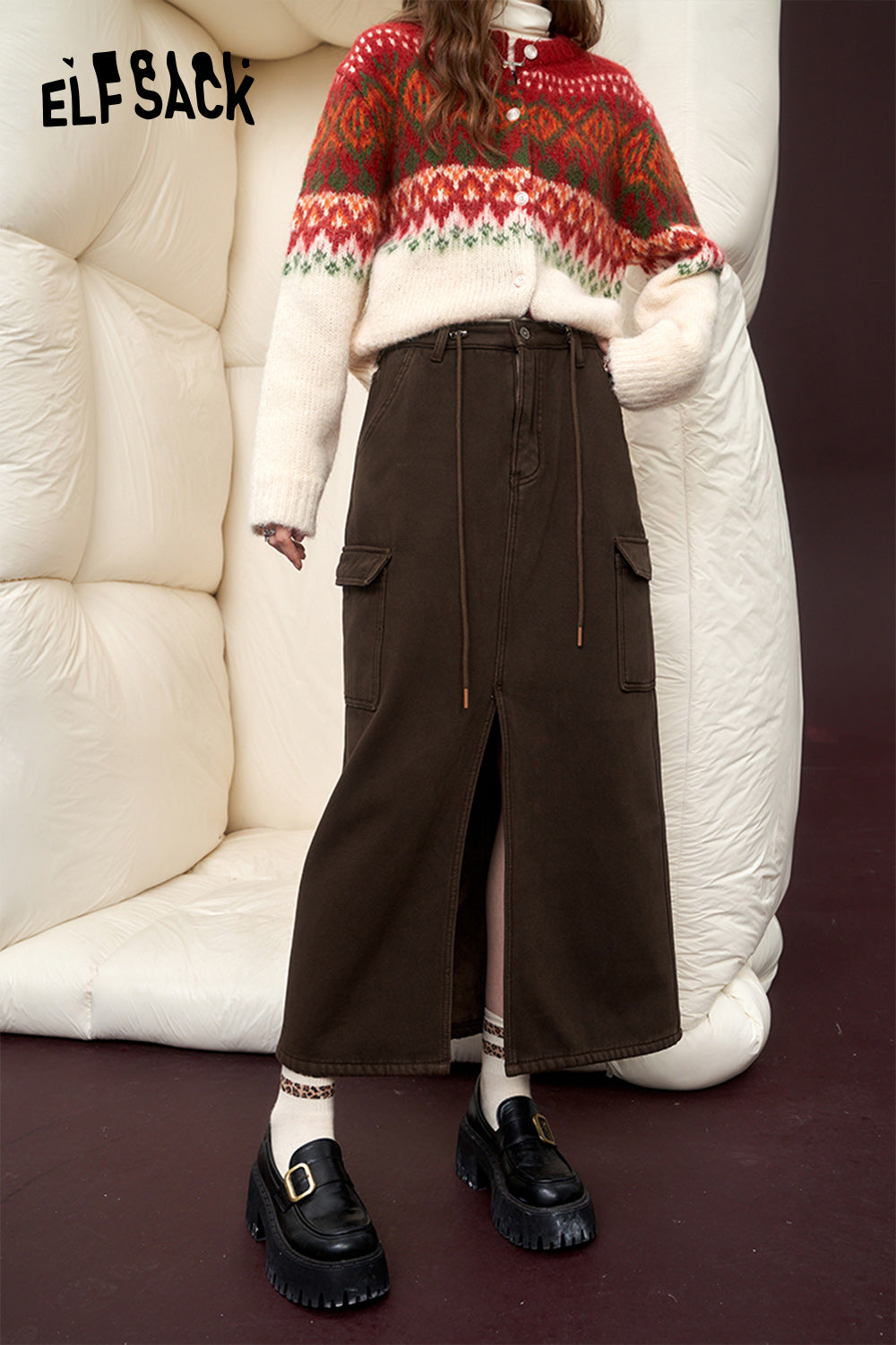 ELFSACK High Waist Cargo Split Skirt Women 2023 Winter New Korean Fashion Bottom