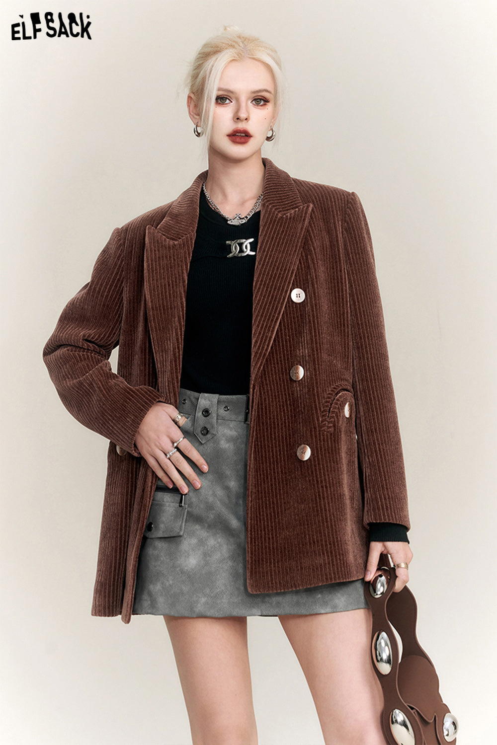 ELFSACK Chenille Brown Suit Jackets Women Retro Designer Coats