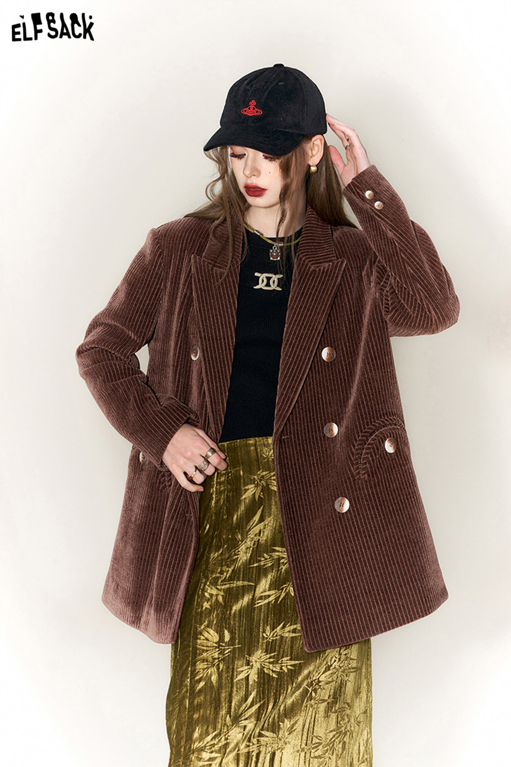ELFSACK Chenille Brown Suit Jackets Women Retro Designer Coats