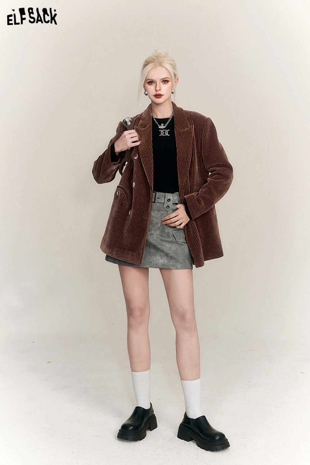 ELFSACK Chenille Brown Suit Jackets Women Retro Designer Coats
