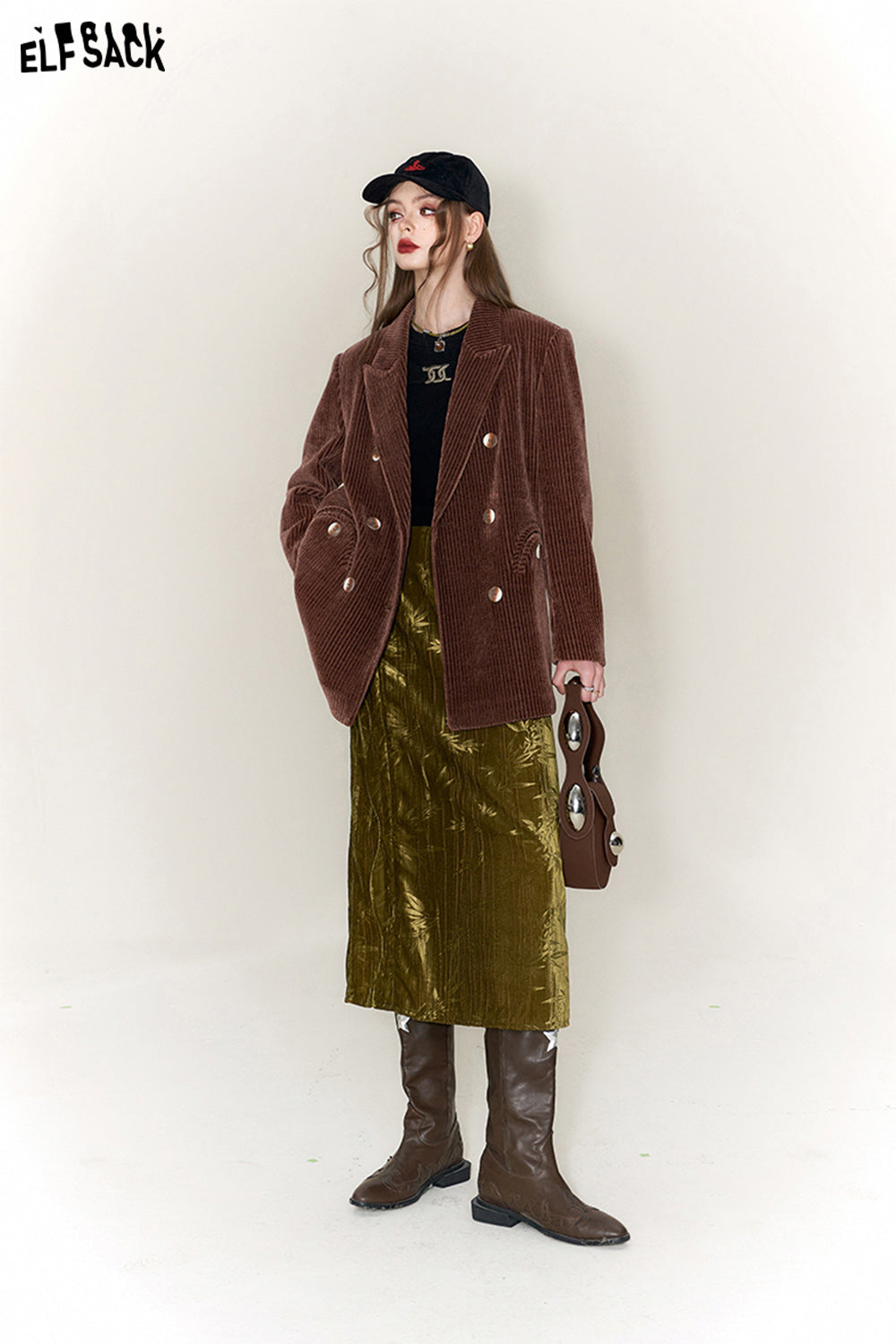 ELFSACK Chenille Brown Suit Jackets Women Retro Designer Coats