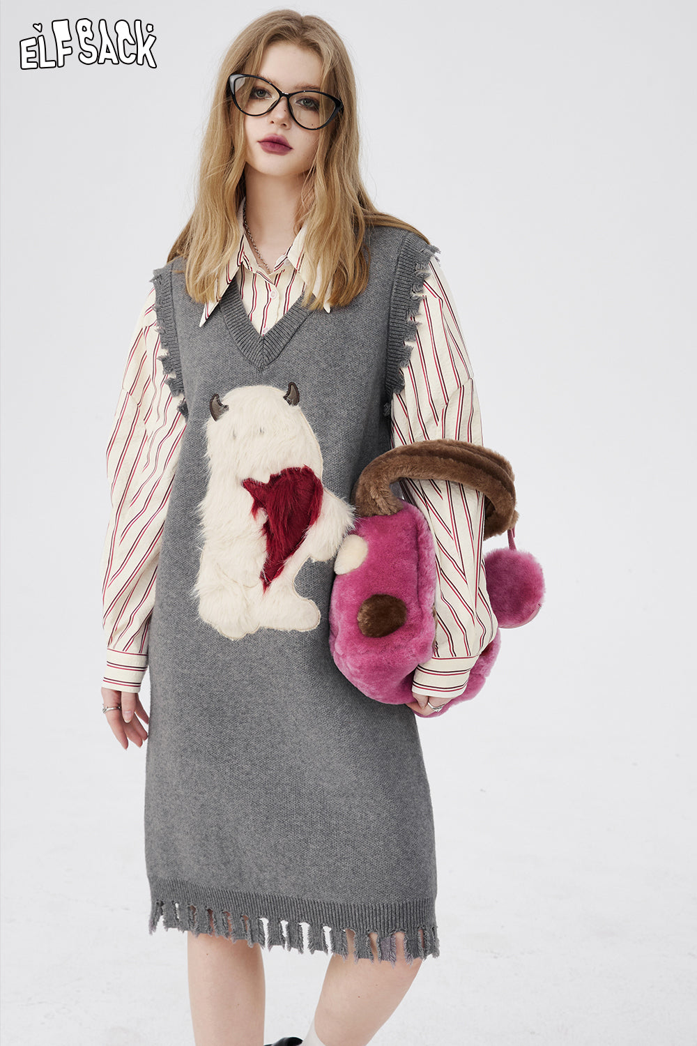 ELFSACK Fake Two-piece V-neck Long Sleeve Knitted Dress Spring Designed Dresses