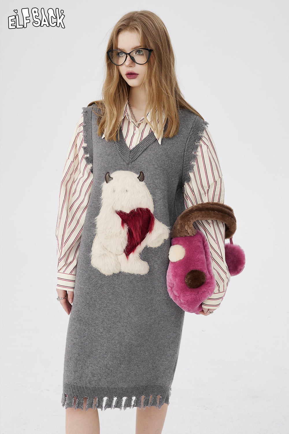 ELFSACK Fake Two-piece V-neck Long Sleeve Knitted Dress Spring Designed Dresses