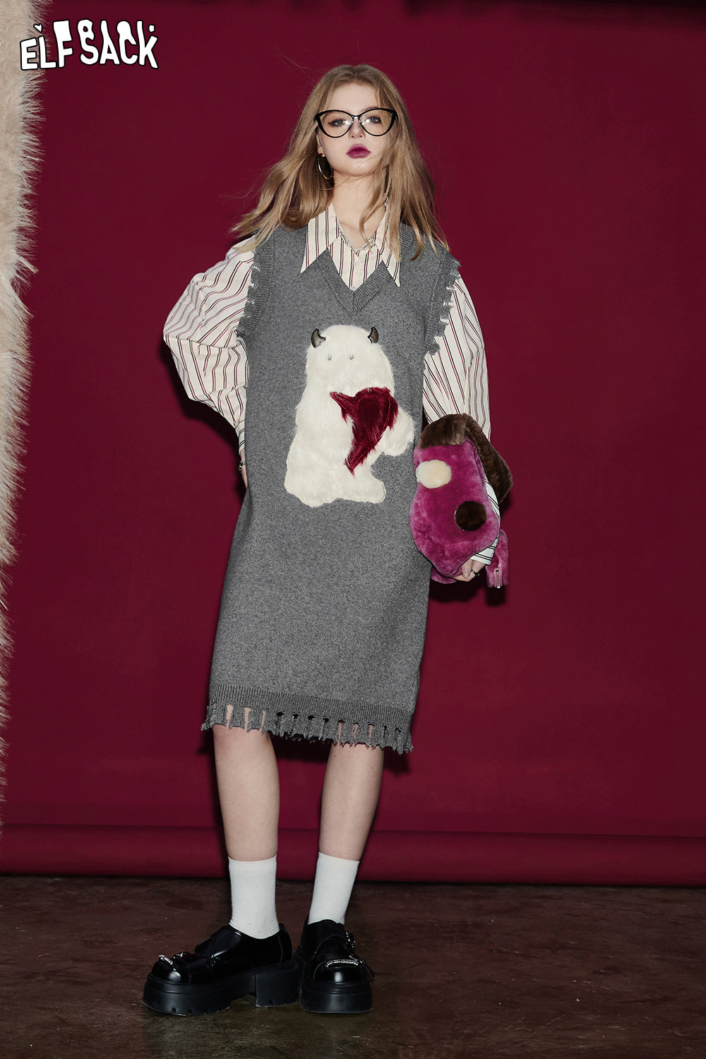 ELFSACK Fake Two-piece V-neck Long Sleeve Knitted Dress Spring Designed Dresses
