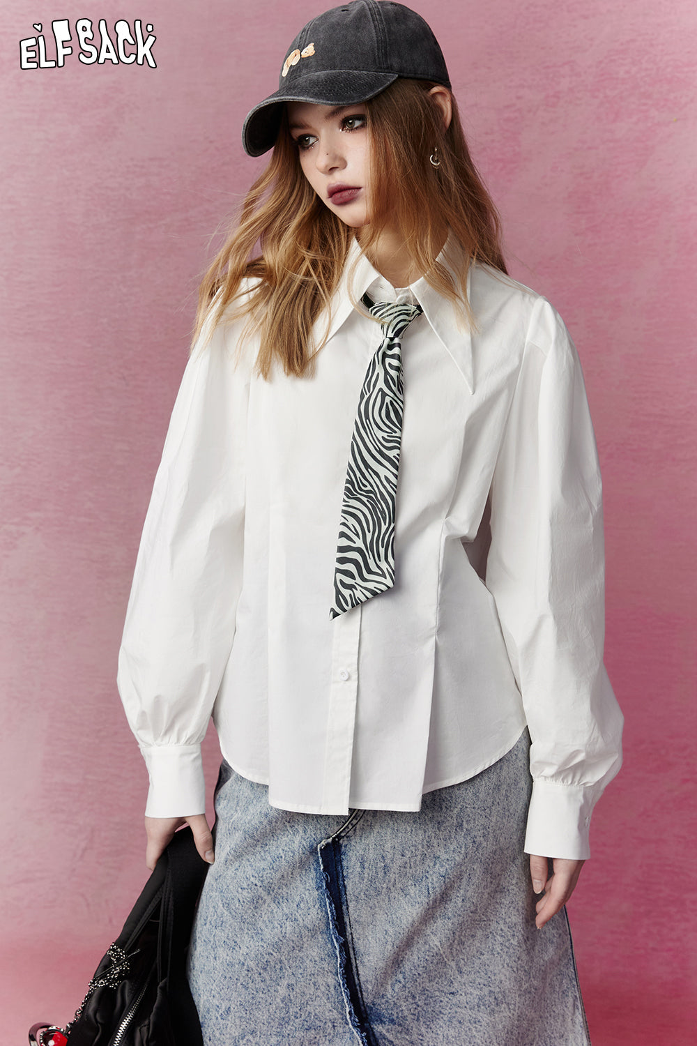 ELFSACK Women White Shirt Blouses free tie 2024 Fashion Elegant Long Sleeve Office Button Up Blouses Lady Vintage Top