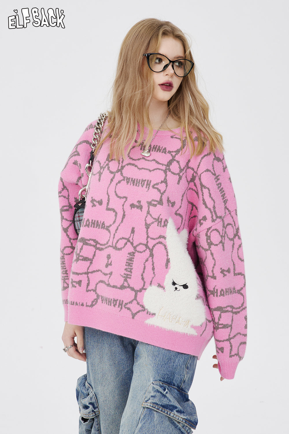 ELFSACK Pullover Sweaters Embroidery Print long sleeves y2k Spring Loose Basic Daily Tops