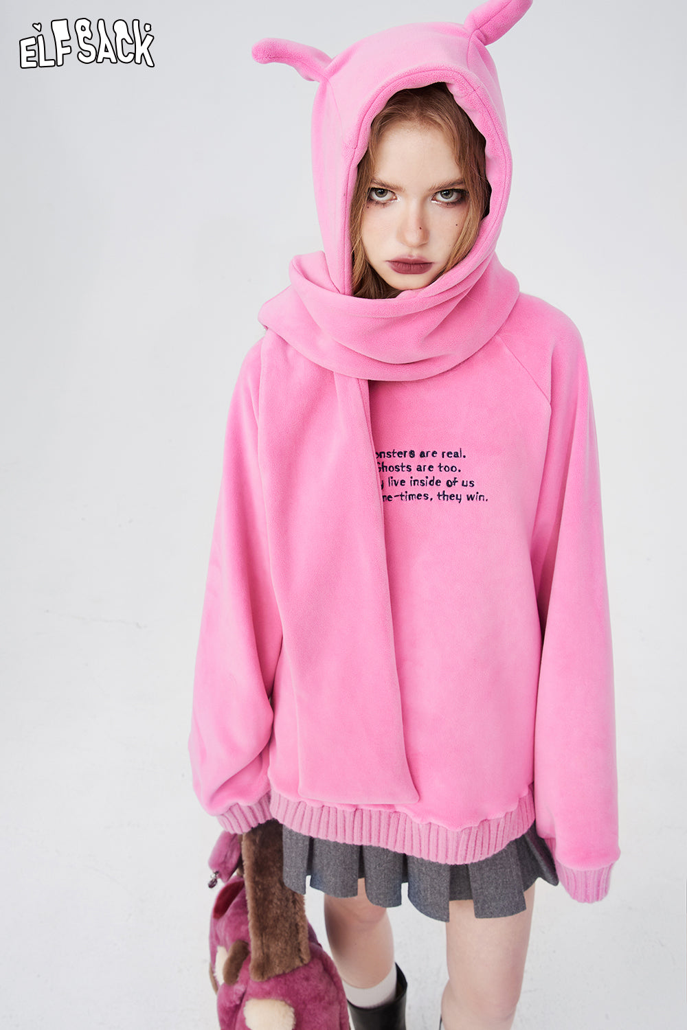 ELFSACK Lightweight Rabbit Hoodied Sweatshirt Free Scarf Y2k Cute Sweet Long Sleeve Dressy Casual Tops Spring New