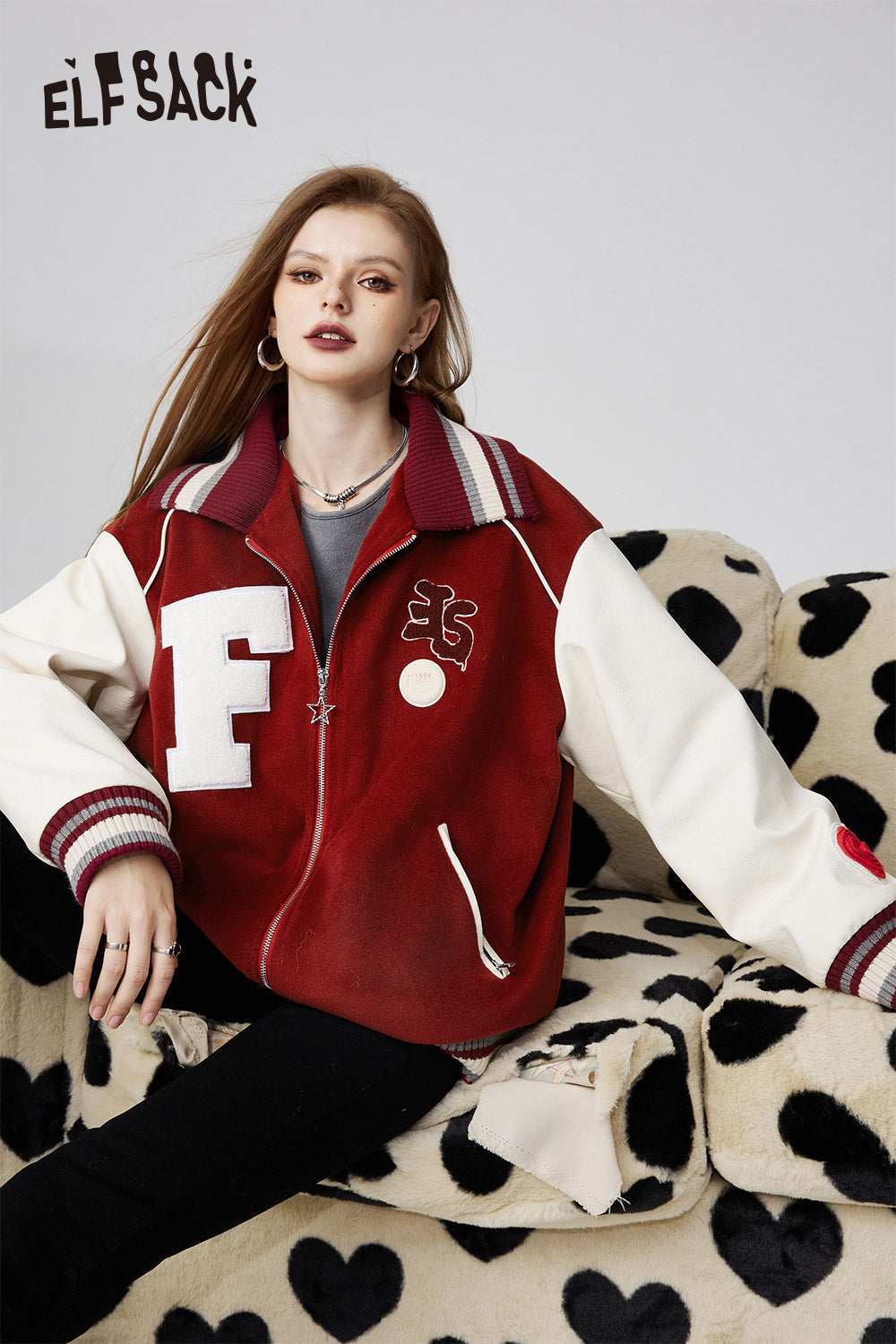 ELFSACK American Trend Stitching Baseball Uniform Youth Embroidered Loose Jacket for Women Letter Striped Collar Windproof Outfit