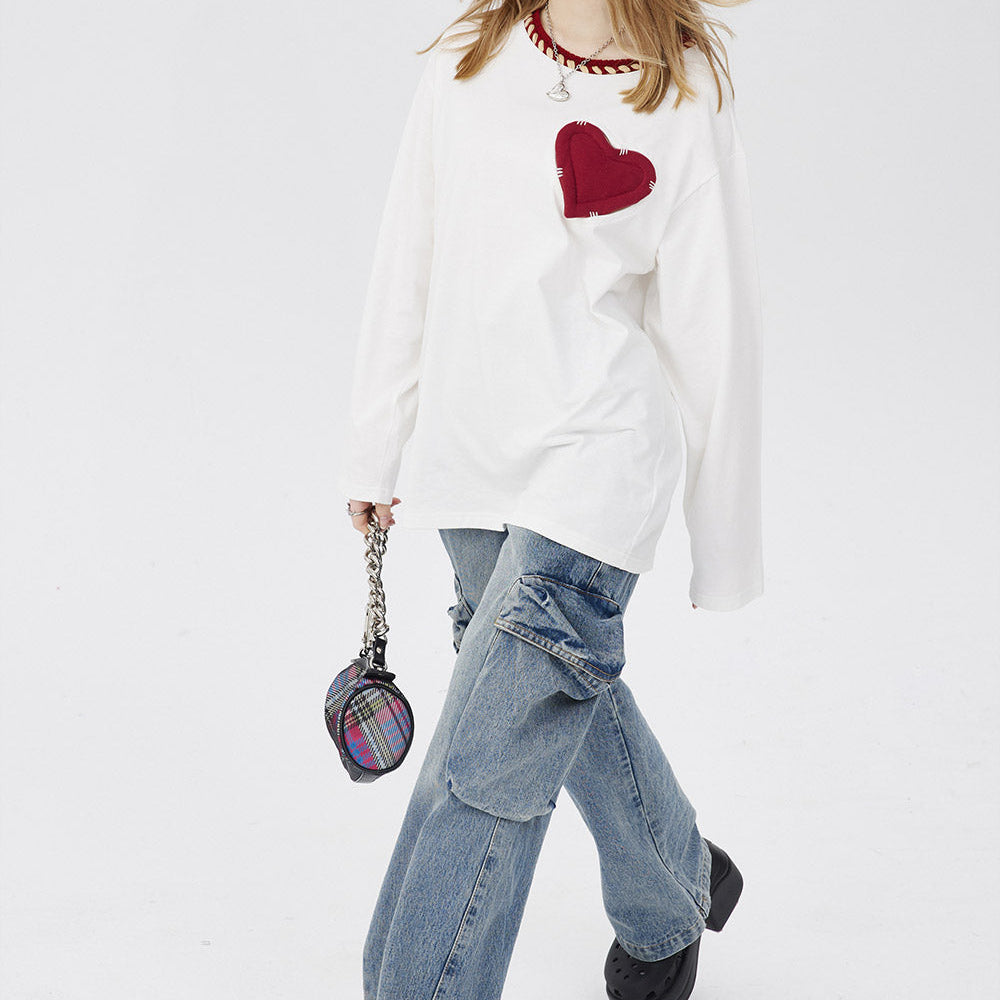 
                  
                    ELFSACK Underwear Women Bottoming Shirt Spring Slim Basic Long-Sleeved T-Shirt Loose Heart Embroidered 2024 Spring New
                  
                