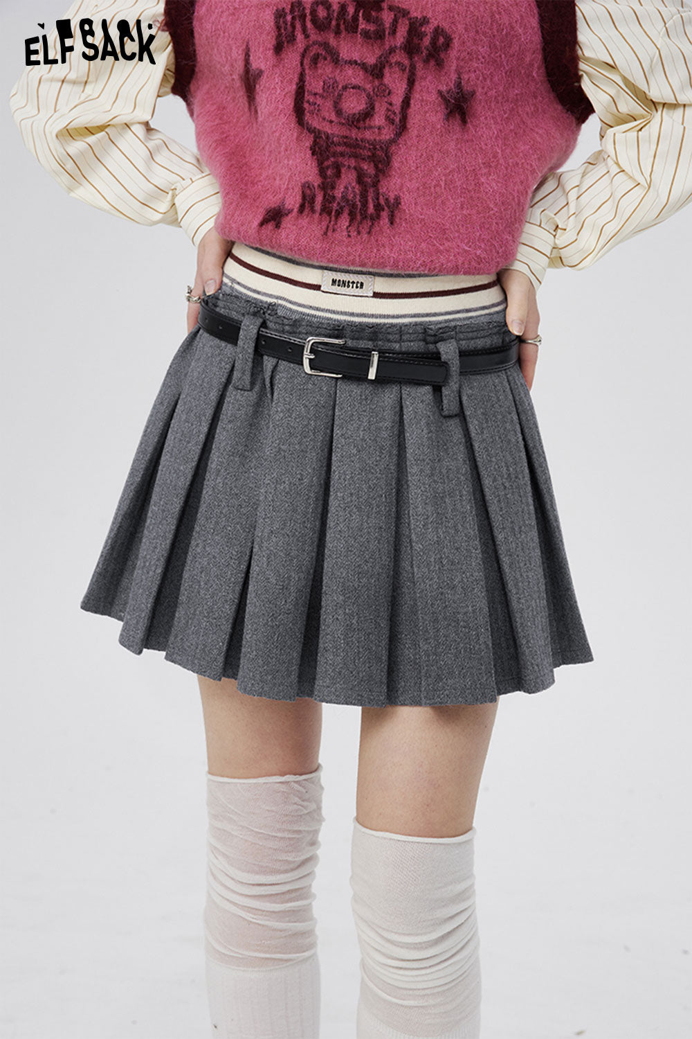 ELFSACK High Waist Woolen Skirts Womens Sexy Mini Skirts Vintage Pleated Skirt Korean Tennis Skirts Short 2024 Spring New