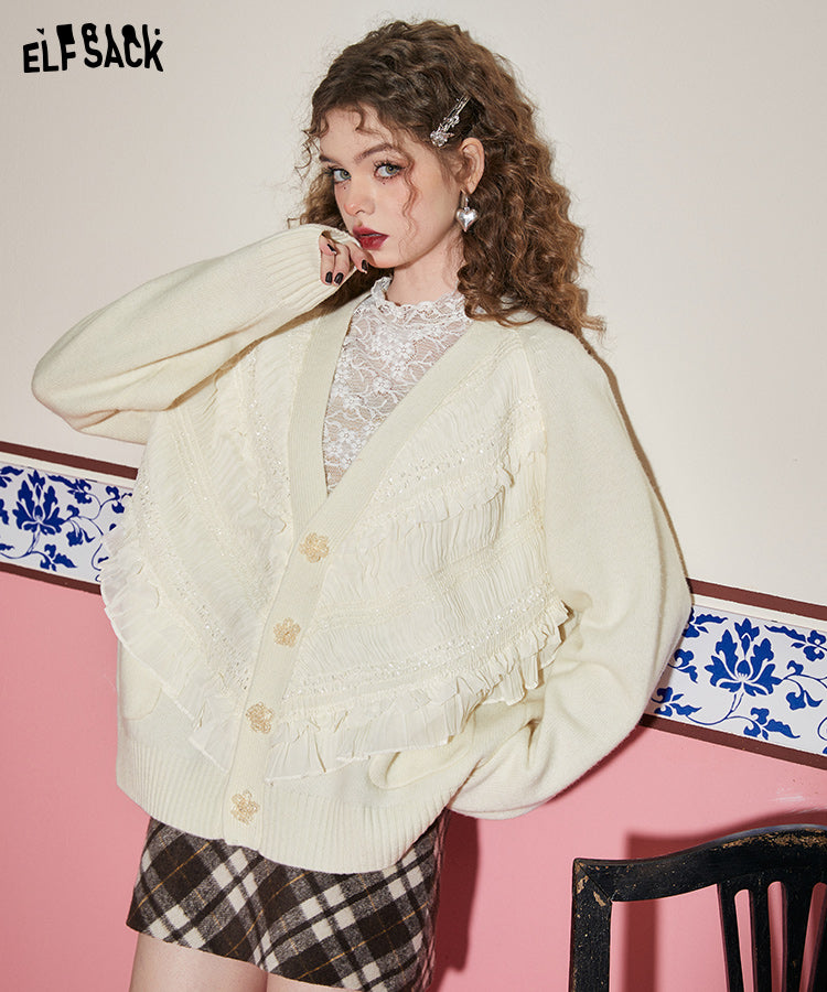 
                  
                    ELFSACK White Sweet Lace Ruffles Cardigan Sweater Coats
                  
                