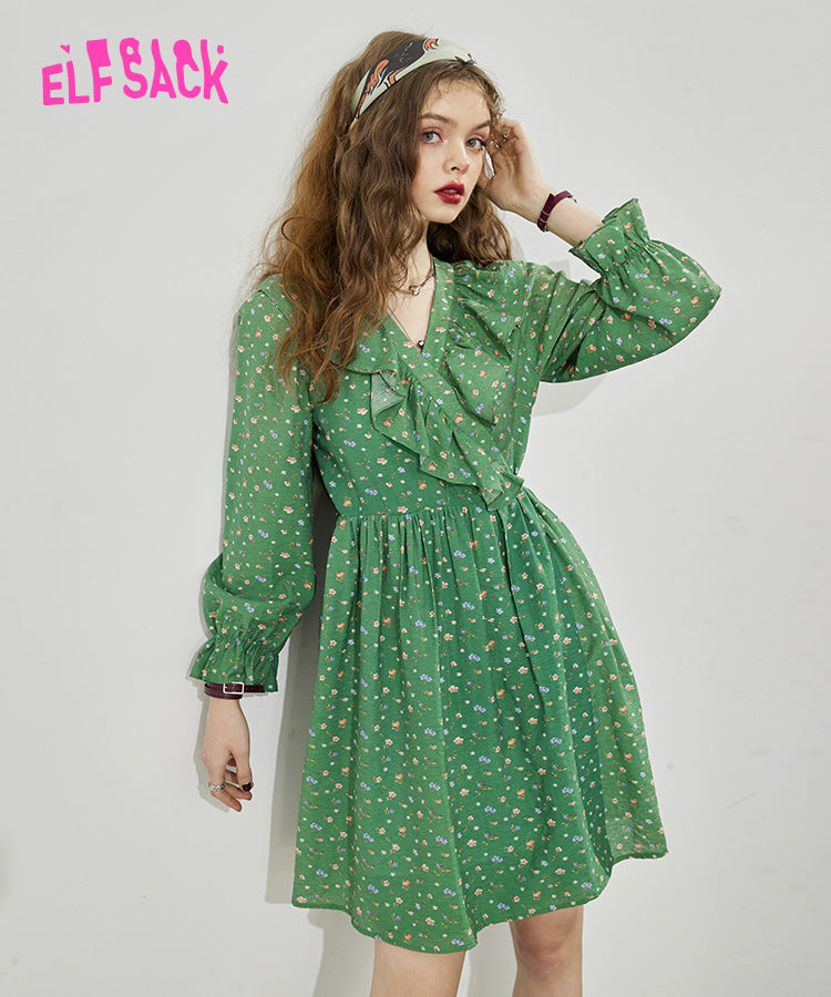 ELFSACK Green Ruched Floral Dresses