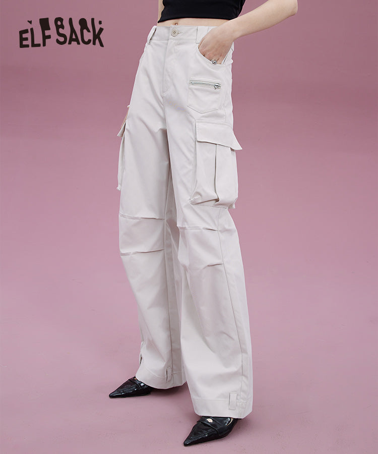 ELFSACK White High Waist Casual Cargo Pants
