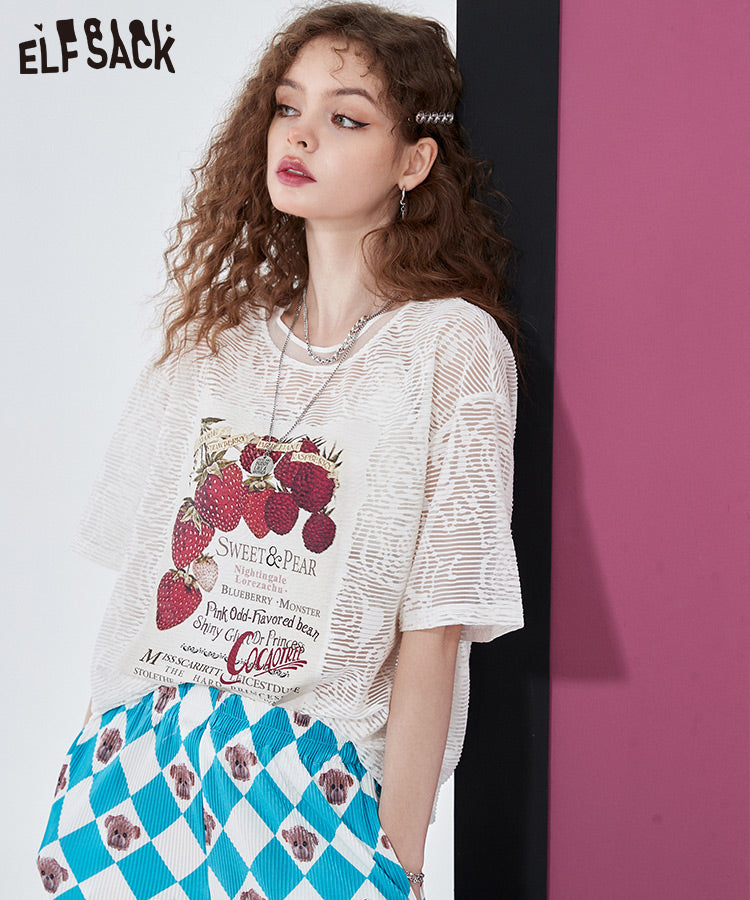 
                  
                    ELFSACK Printed Hollowed Out Lace T-Shirts
                  
                