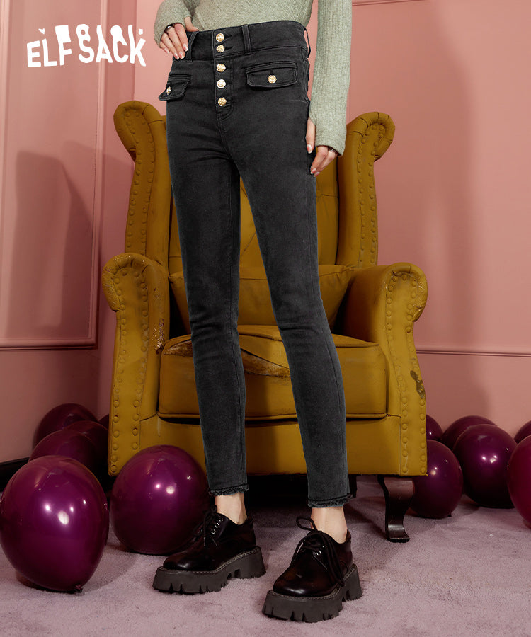 
                  
                    ELFSACK Black High Waist Fleece Jeans
                  
                