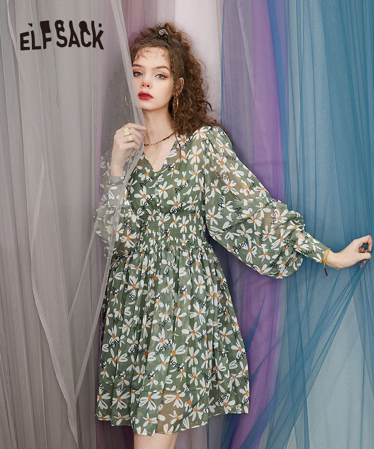 
                  
                    Spring Fairy V Neck Allover Print Mini Dress
                  
                