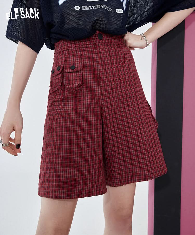 ELFSACK Red Plaid High Waist Shorts