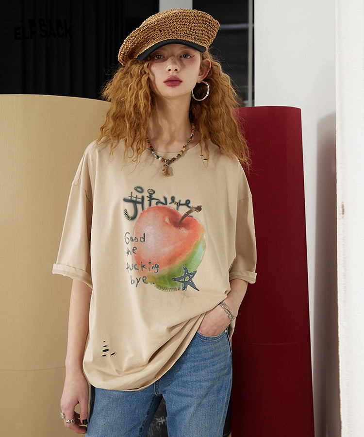 ELFSACK Fruit Print Ripped Short Sleeve Cotton T-Shirts