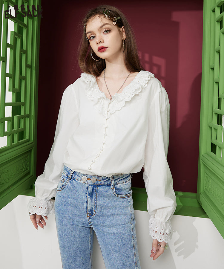 ELFSACK White French Lace Collar Blouses