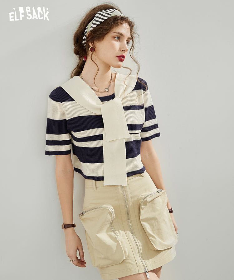 ELFSACK Short Sleeve French Striped Knitwears