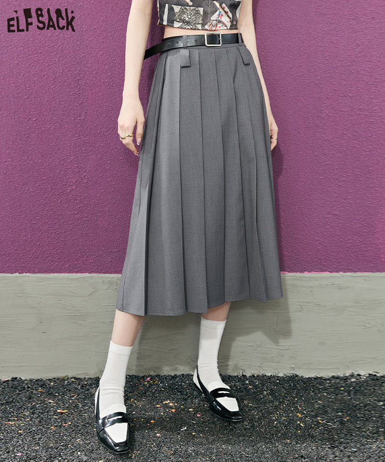 ELFSACK Gray Mid-length Pleated Skirt