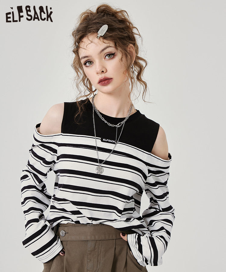 
                  
                    ELFSACK Fake Two Pieces Long Sleeve Striped T-shirts
                  
                