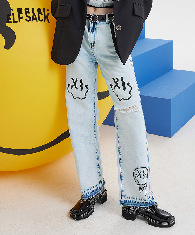 
                  
                    Smiley Graphic Ripped Straight Leg Jeans
                  
                