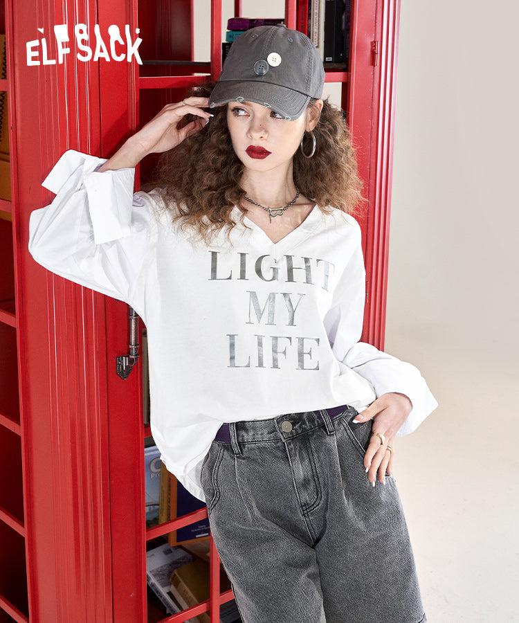 
                  
                    ELFSACK White Loose Long Sleeve Casual Spliced T-Shirts
                  
                