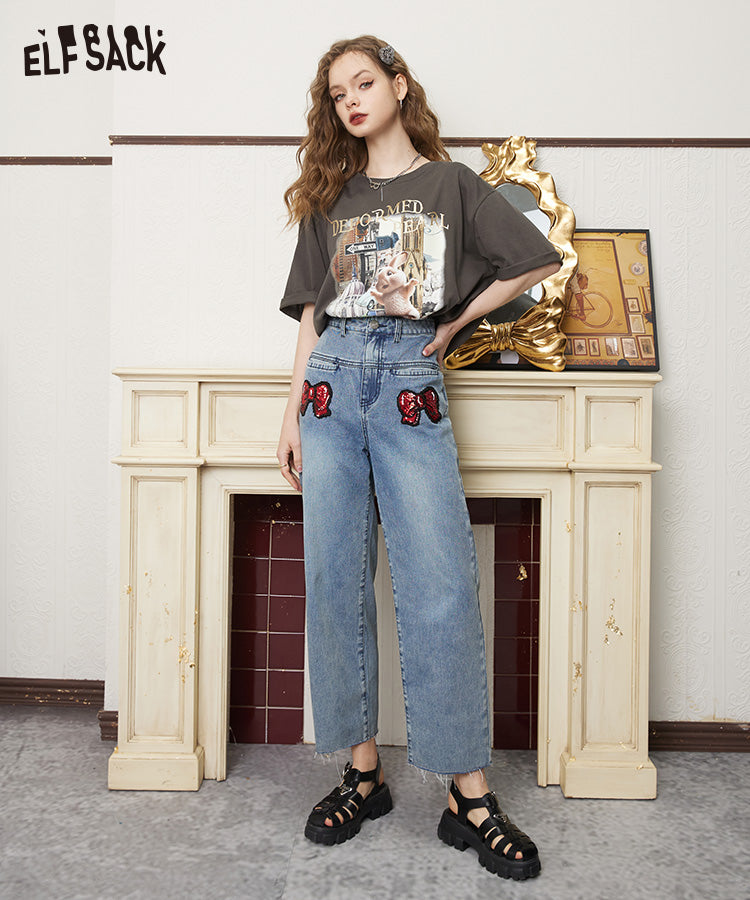 
                  
                    ELFSACK Bow Straight Wide Leg Jeans
                  
                