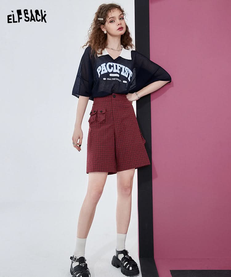 ELFSACK Red Plaid High Waist Shorts