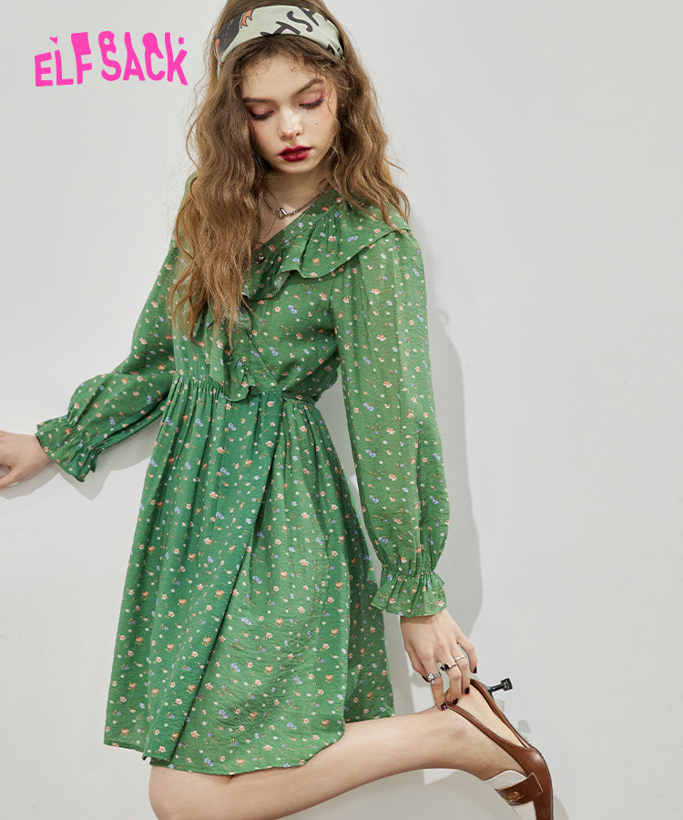 
                  
                    ELFSACK Green Ruched Floral Dresses
                  
                