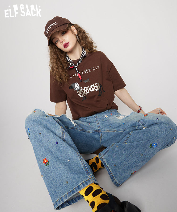 
                  
                    ELFSACK Embroidered Straight Leg Ripped Jeans
                  
                