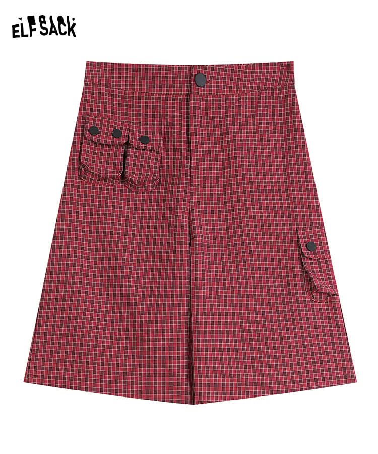 ELFSACK Red Plaid High Waist Shorts