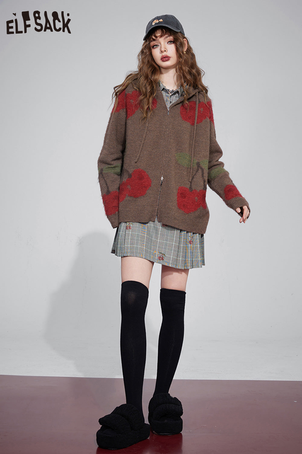 ELFSACK Cherry Plaid Dress Woman Korean Fashion Long Sleeve Dress