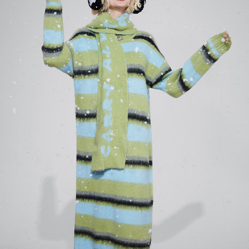 
                  
                    ELFSACK Free Scarf Striped Knitted Dresses For Women 2023 Winter Plus Size Korean Fashion Dresses
                  
                