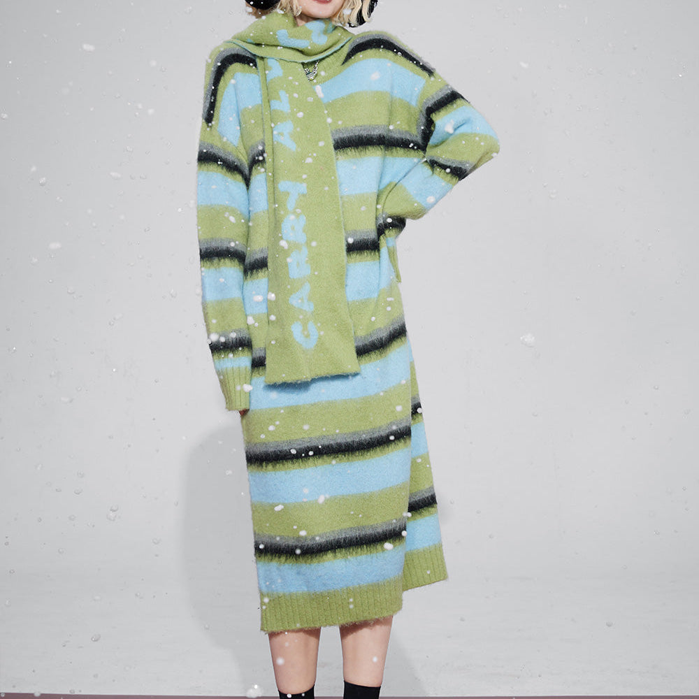 
                  
                    ELFSACK Free Scarf Striped Knitted Dresses For Women 2023 Winter Plus Size Korean Fashion Dresses
                  
                
