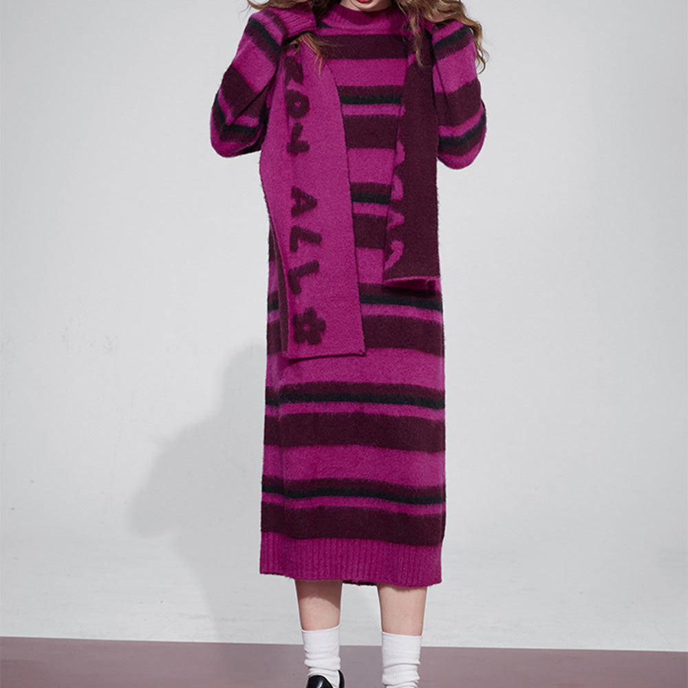 
                  
                    ELFSACK Free Scarf Striped Knitted Dresses For Women 2023 Winter Plus Size Korean Fashion Dresses
                  
                