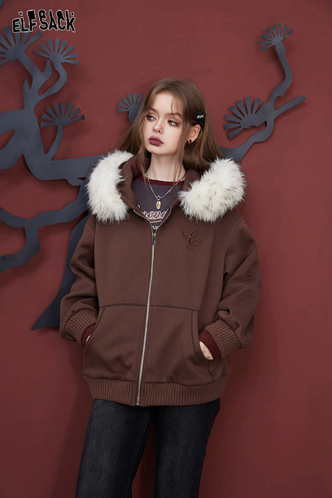 
                  
                    ELFSACK Fleece Hoodies Women 2023 Winter Special Design Detachable Fur Collar Casual Tops
                  
                