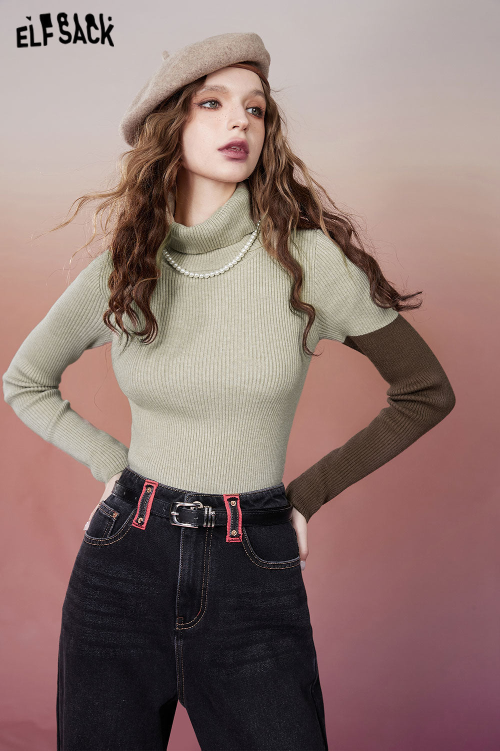 
                  
                    ELFSACK Spliced Slim Turtleneck Undershirt Woman 2023 Winter New Designer Knitwears T-Shirts
                  
                
