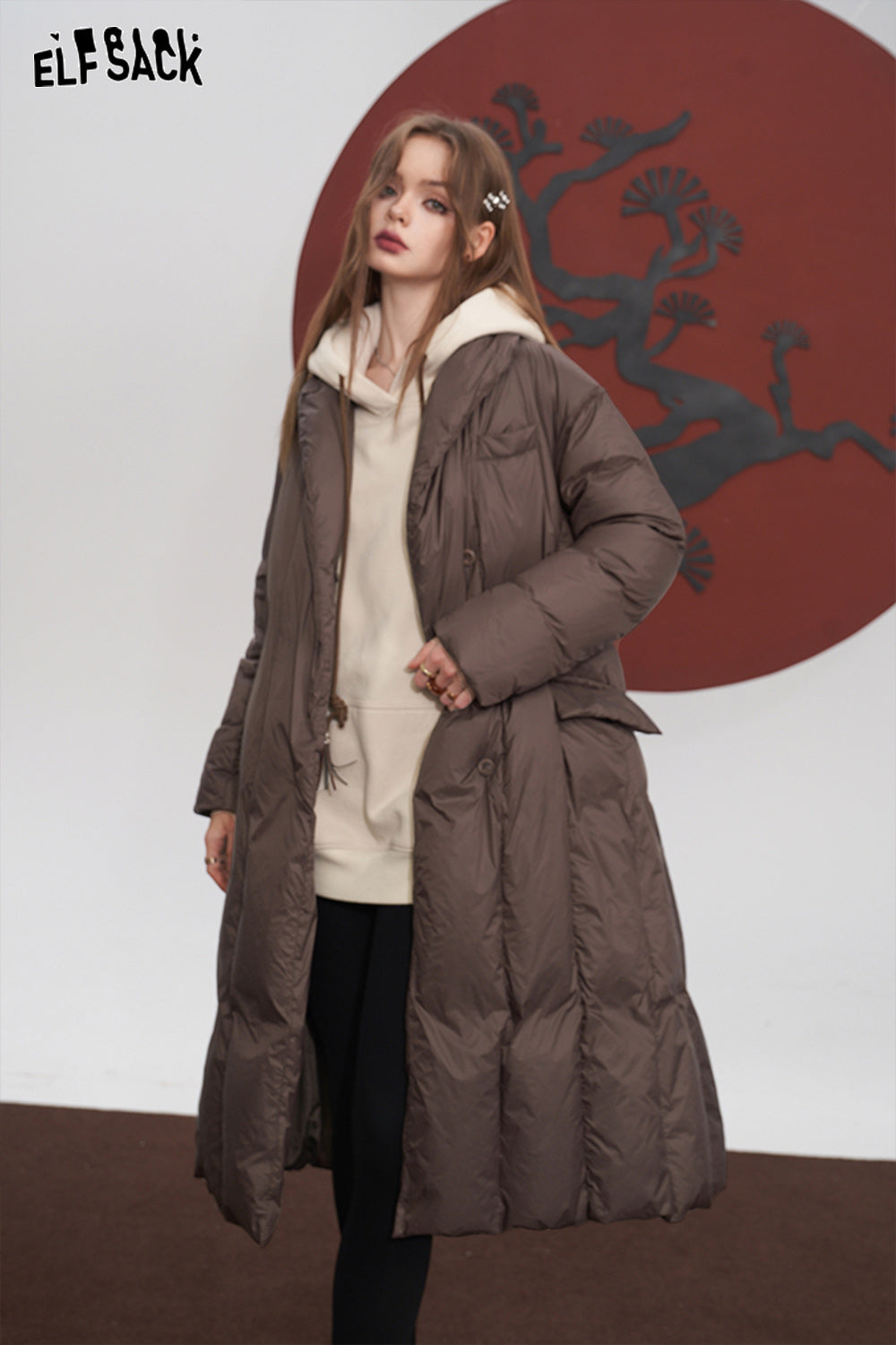ELFSACK Solid Pure Long Down Jacket Women Warm Coats