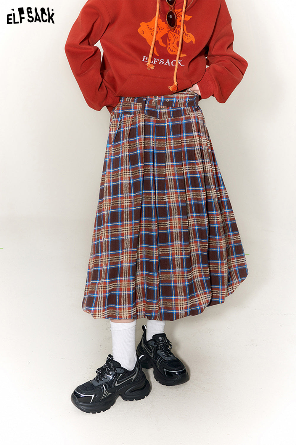 ELFSACK Checkered Pleated Skirt Woman Chinese Style Designer Skirt